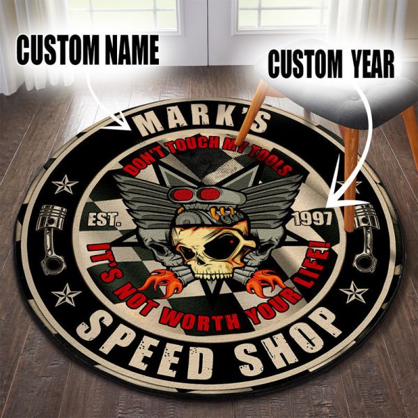 Personalized Speed Shop Garage Decor, Home Bar Decor Hot Rod Round Mat