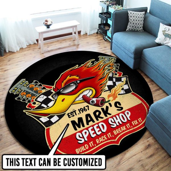 Personalized Hot Rod Garage Round Mat - Image 2