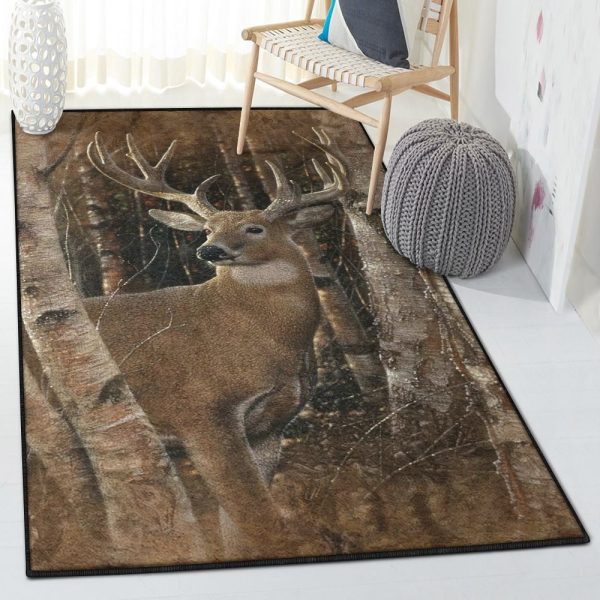 Deer Hunting Carpet Birchwood Buck Deer Rug Rectangle Rugs Washable Area Rug Non-Slip Carpet For Living Room Bedroom