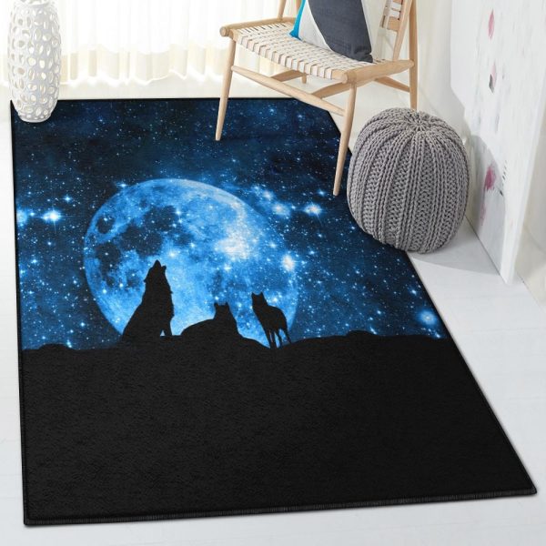 Galaxy Bedroom Rugs Galaxy And Wolf Rug Rectangle Rugs Washable Area Rug Non-Slip Carpet For Living Room Bedroom