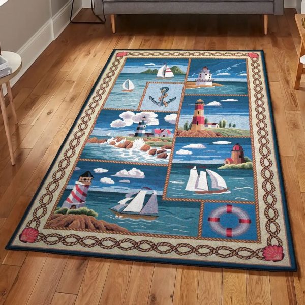 Beach Washable Lighthouse Rug Rectangle Rugs Washable Area Rug Non-Slip Carpet For Living Room Bedroom