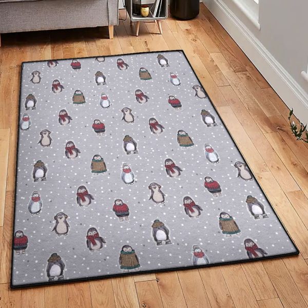 Xmas Cool Rugs Christmas Penguins Rug Rectangle Rugs Washable Area Rug Non-Slip Carpet For Living Room Bedroom