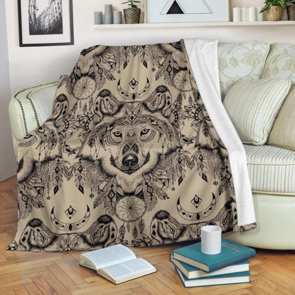 Indian Boho Wolf Dream Catcher Fleece Blanket