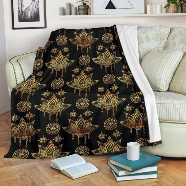 Lotus Boho Pattern Print Design Black Fleece Blanket