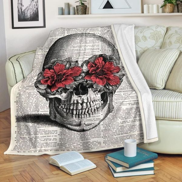 Book Page Skull Rose Vintage Printed Fleece Blanket