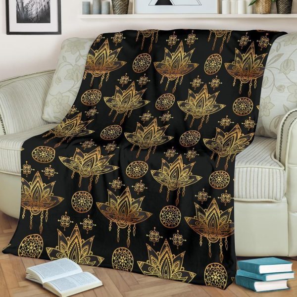 Lotus Boho Pattern Print Design Black Fleece Blanket - Image 2