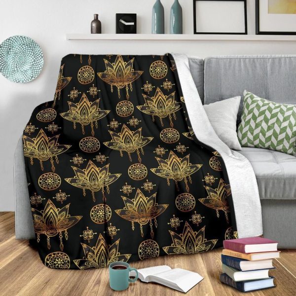 Lotus Boho Pattern Print Design Black Fleece Blanket - Image 3