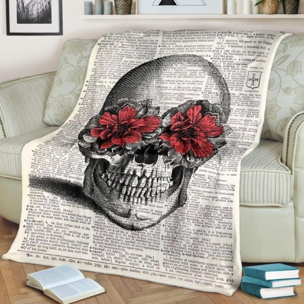 Book Page Skull Rose Vintage Printed Fleece Blanket - Image 2