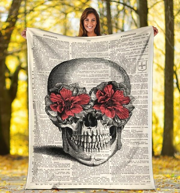 Book Page Skull Rose Vintage Printed Fleece Blanket - Image 5