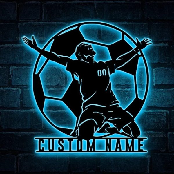 Personalized Man Soccer Metal Wall Art Led Lights, Custom Soccer Ball