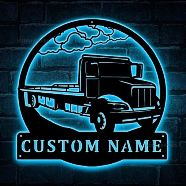 Personalized Flat Bed Tow Truck Metal Wall Art With Led Lights, Bed Se - Image 3