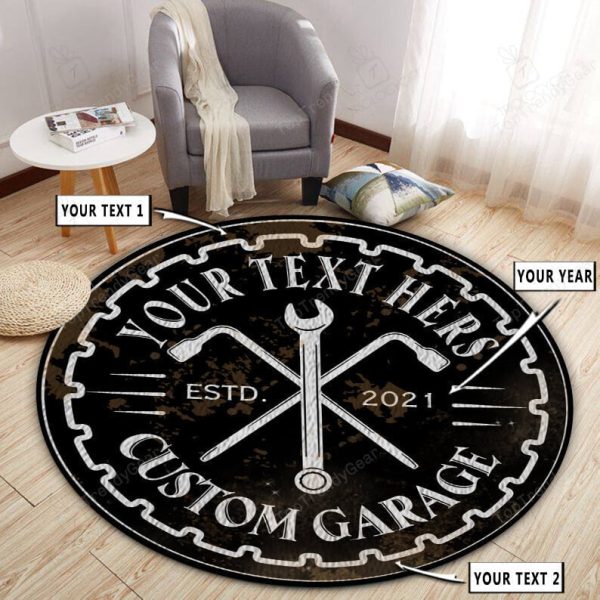 Personalized Garage Man Cave Mechanic Round Rug, Carpet 10371 - Image 3